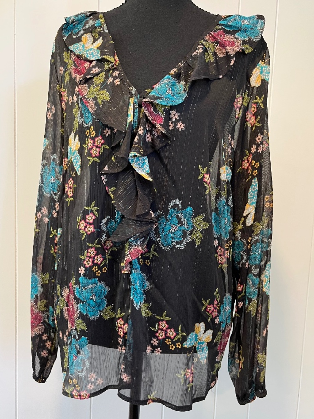Lauren Conrad sz L Long Sleeve Sheer Ruffle Blouse Romantic Bohemian V-Neck